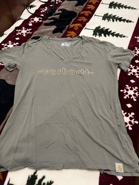 Carhartt Olive V-Neck Tee with Yellow Logo